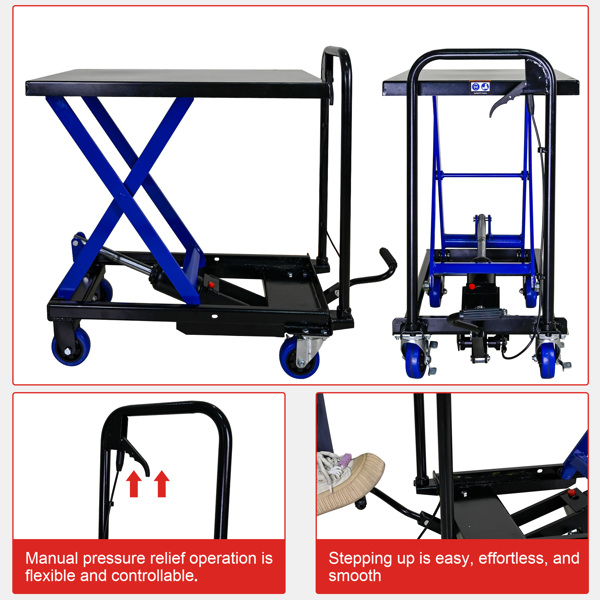 Hydraulic Lift Trolley, 500 LBS Capacity, with 4 Wheels, for Material Handling and Transportation, BLACK+BLUE 