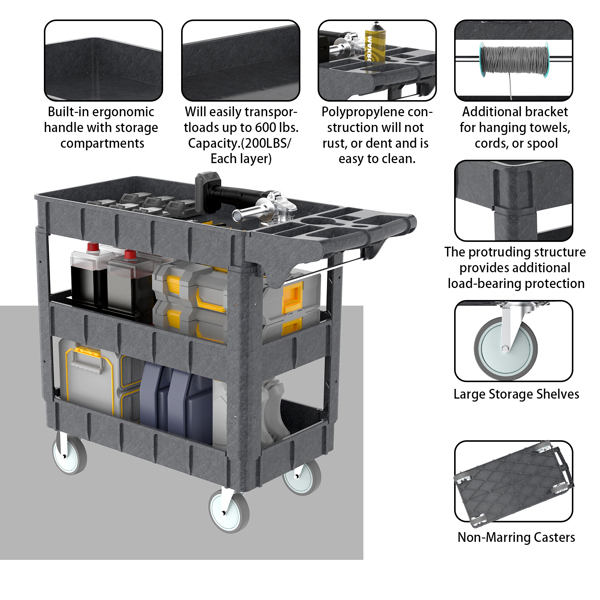 Utility Carts with Wheels, 3 Shelf Heavy Duty Plastic Service Cart 600lbs Capacity with Ergonomic Storage Handle and Deep Shelves for Garage, Warehouse, Office and Workshop