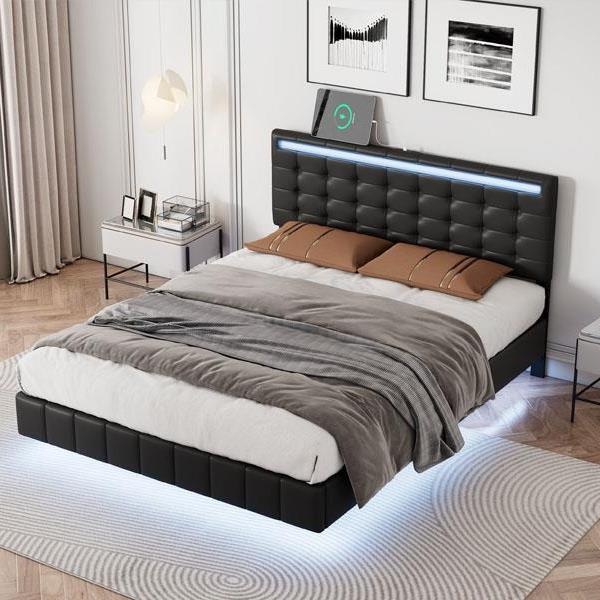 Full Size Floating Bed Frame with LED Lights and USB Charging,Modern Upholstered Platform LED Bed Frame,Black(Full)