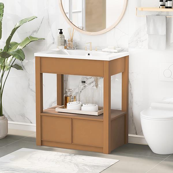 30" Bathroom Vanity with Sink Top, Bathroom Cabinet with Open Storage Shelf and Two Drawers, Brown