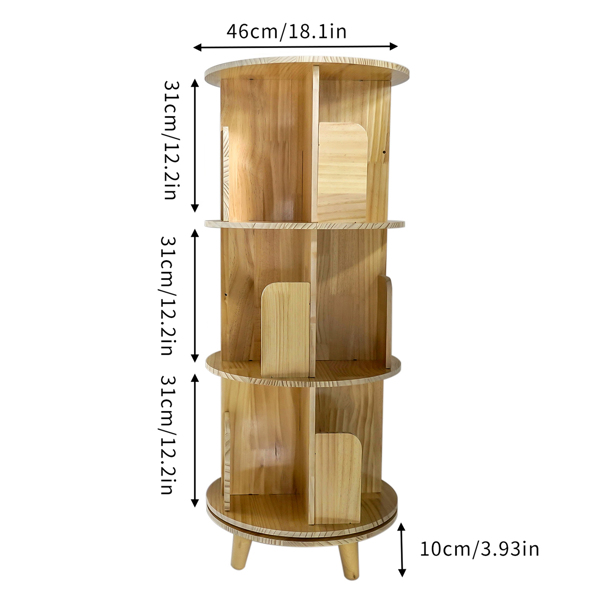 3-Layer Rotating Bookcase 360 Rotating Display Rack Pine Wood Rotating Bookshelf