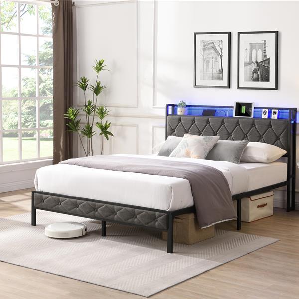 Full Bed Frame with  Storage Headboard, Charging Station and LED Lights, Upholstered Platform Bed with Heavy Metal Slats, No Box Spring Needed, Noise Free, Easy Assembly, Dark Gray