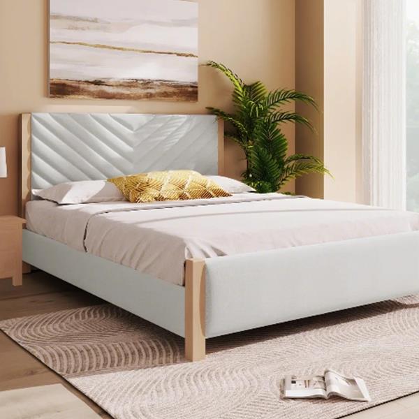 Modern Mid-Century Queen Upholstered Platform Bed Frame with Tufted Headboard and Solid Wood Legs,No Box Spring Needed,Beige