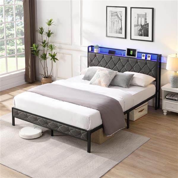 Full Bed Frame with  Storage Headboard, Charging Station and LED Lights, Upholstered Platform Bed with Heavy Metal Slats, No Box Spring Needed, Noise Free, Easy Assembly, Dark Gray