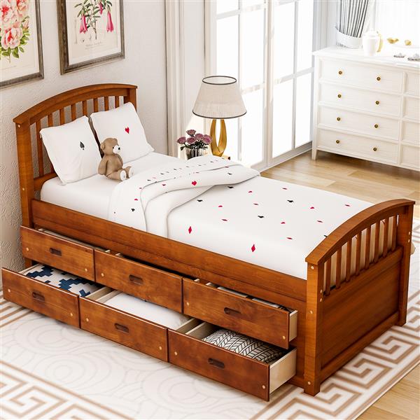 . Twin Size Platform Storage Bed Solid Wood Bed with 6 Drawers