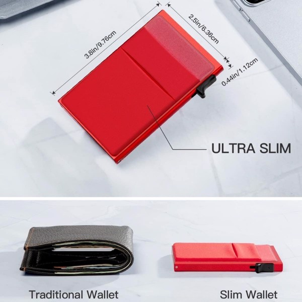 Credit Card Holder - Slim Wallet for Men with Money Pocket, Pop Up Wallets RFID Blocking Minimalist Card Case Holds 5 Cards and Notes, RED