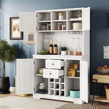 Coffee Bar Cabinet Kitchen Cabinet with Storage, Farmhouse Wine Cabinet with Drawers shelves and cabinets, Buffet Cabinet Wine & Glass Racks for Dining Room, White