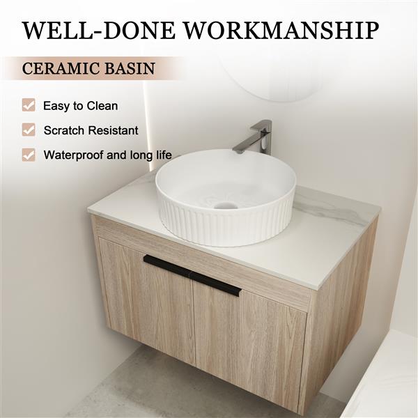 30 " Modern Design Float Bathroom Vanity With Ceramic Basin Set, Wall Mounted White Oak Vanity With Soft Close Door,KD-Packing,KD-Packing,2 Pieces Parcel(TOP-BAA0014012OO)