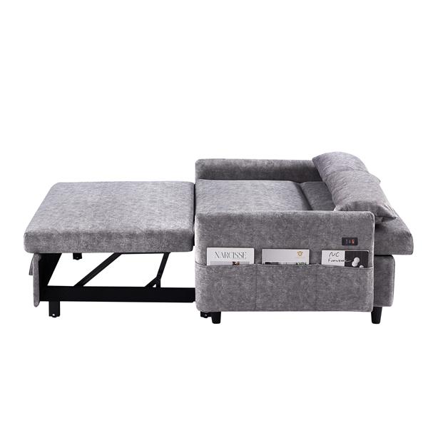 55.1" Pull Out Sleep Sofa Bed Loveseats Sofa Couch with Adjsutable Backrest, Storage Pockets, 2 Soft Pillows, USB Ports for Living Room, Bedroom, Apartment, Office,Grey