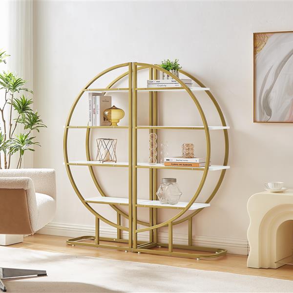 4 Tiers Home Office Open Bookshelf, Round Shape, Different Placement Ways, MDF Board, Gold Metal Frame, White