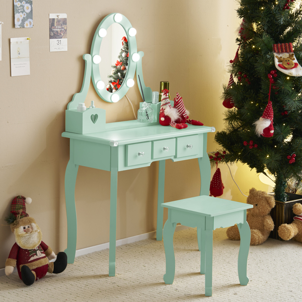 FCH Kids Vanity Set with Mirror and Lights and Stool, 5 Storage Drawers, Pretend Play Princess Makeup Desk Dressing Table and Stool Set for Little Girls Age 3+, Macaroon Green