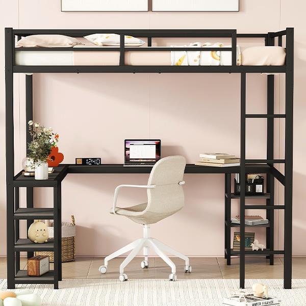 Full Metal Loft Bed with Desk and Shelves, Loft Bed with Ladder and Guardrails, Loft Bed Frame for Bedroom, Black with black desk