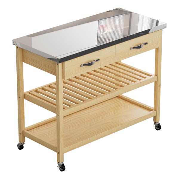 Stainless Steel Countertop Solid Wood Kitchen Cart with Storage Drawers and Shelves, Rotatable Kitchen Island with Steel Table Top and Tower Rack, Rolling Utility Trolley Cart for Kitchen and Dining