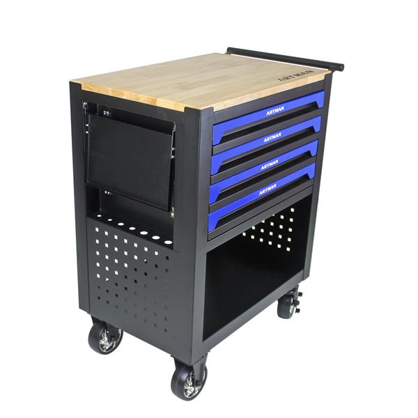 4 DRAWERS MULTIFUNCTIONAL TOOL CART WITH WHEELS AND WOODEN TOP-BLUE