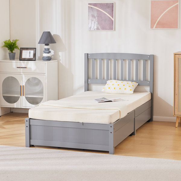 Four Large Drawers Pinewood Bed with a Curved Vertical Headboard Featuring Twin Gray