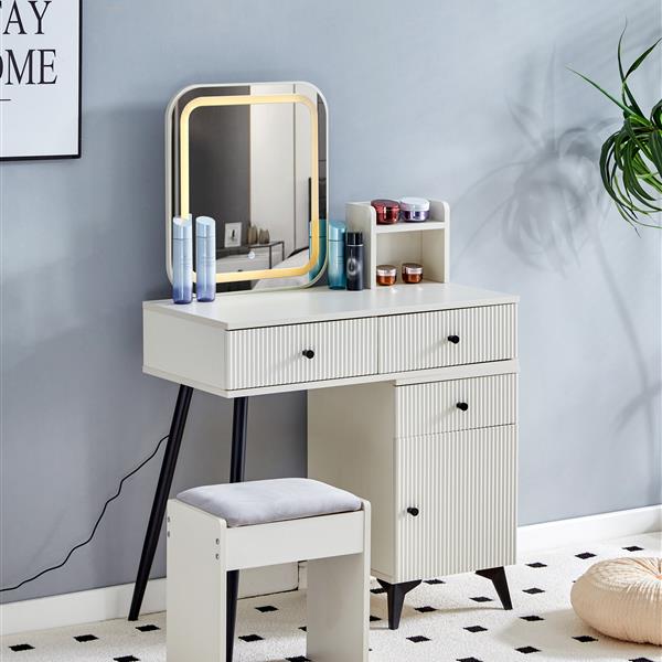 Fluted Makeup Vanity Desk with SQUARE LED  Mirror and Lights, Modern Glass Top Big Vanity Table with 4 Drawers & Adjustable Shelves, Dressing Table Set  with stools table with movable side table