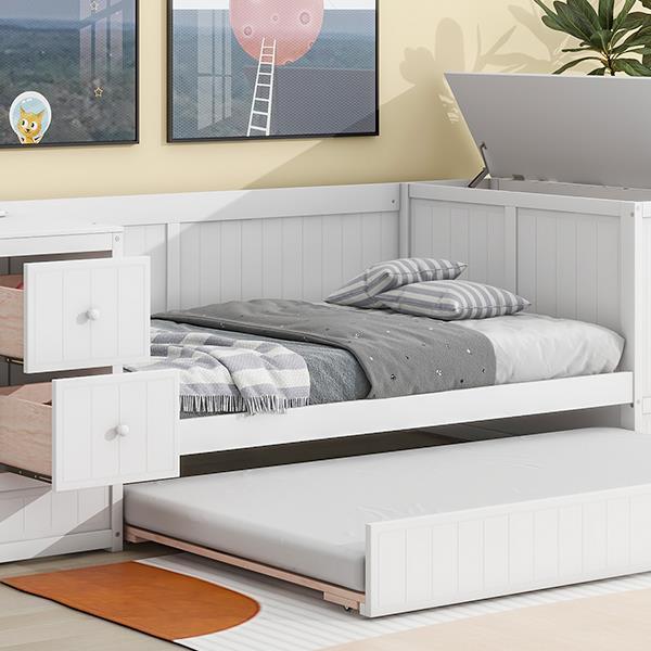 Twin Size Daybed with Storage Arms, Trundle and Charging Station, White