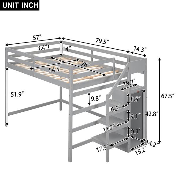 Full Size Loft Bed with Built-in Storage Wardrobe and Staircase, Gray