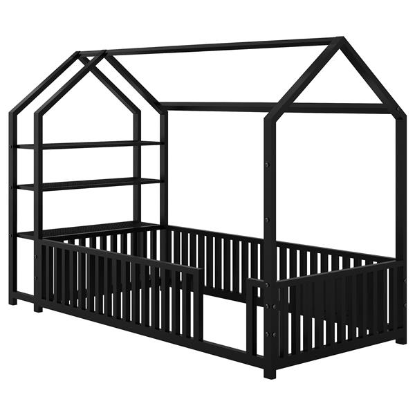 Twin Size Metal House Bed with Fence and Detachable Storage Shelves, Black