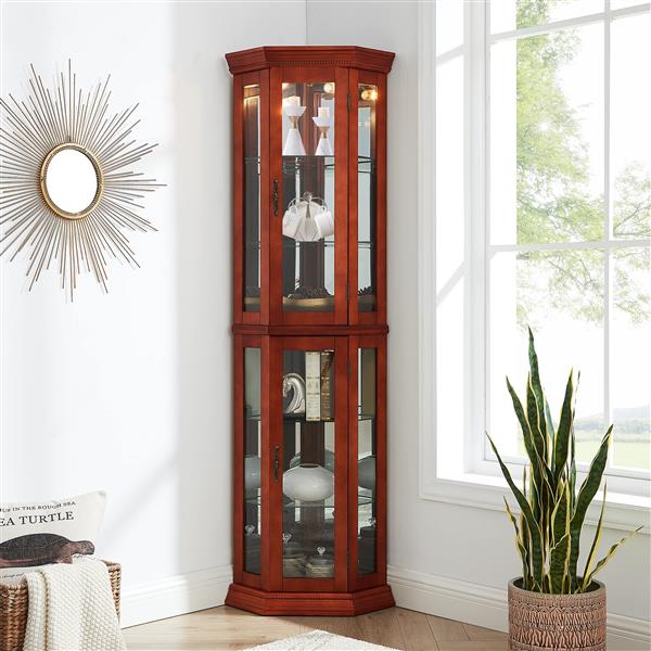 Corner Curio Cabinet with Lights, Adjustable Tempered Glass Shelves, Mirrored Back, Display Cabinet,Walnut (E26 light bulb not included)