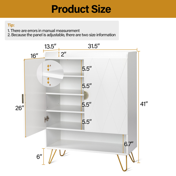 FCH V-Shaped Carved Door Panel, Double Door with Top Baffle, Shoe Cabinet, Particle Board, 80*37*110cm, White Cabinet + Gold Accessories