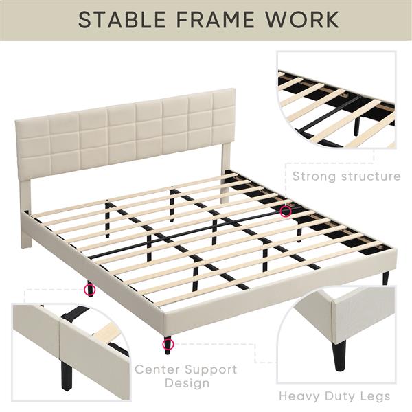 King Size Platform Bed Frame with Fabric Upholstered Headboard and Wooden Slats, No Box Spring Needed/Easy Assembly, Dark Beige