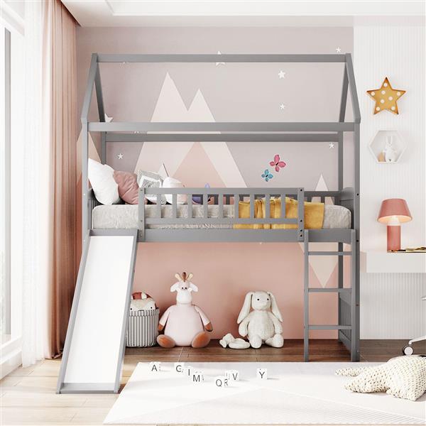 Twin Loft Bed with Slide, House Bed with Slide，Grey