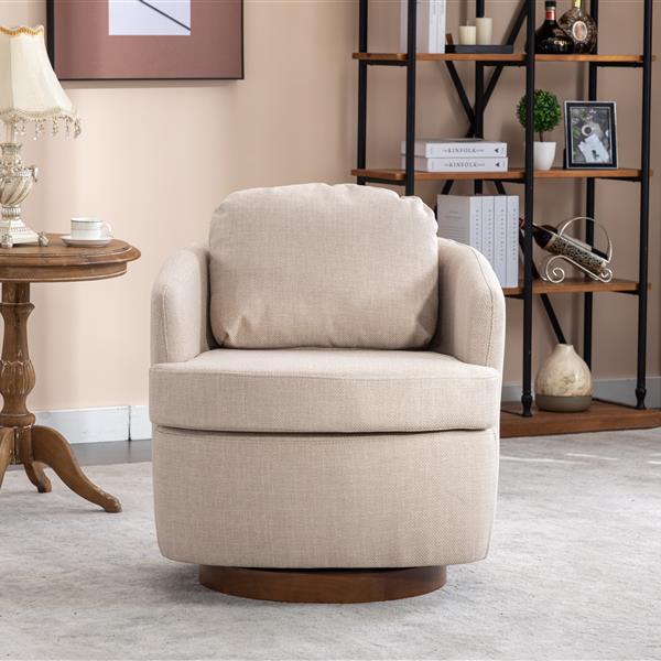 035-Linen Fabric Swivel Accent Chair With Soild Wood Round Brown Base Leg,Beige