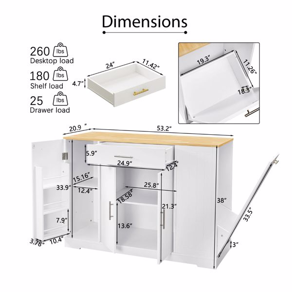 53 inch Large Kitchen Island with Trash Can Storage Cabinet, Islands Table with Drawer and Adjustable Shelves, Breakfast Bar Cabinet for 13 Gallon Garbage Bin, Black & Oak 