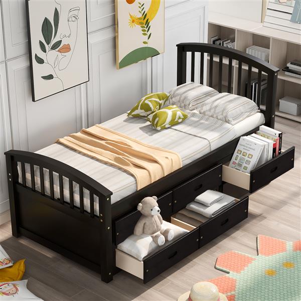 . Twin Size Platform Storage Bed Solid Wood Bed with 6 Drawers