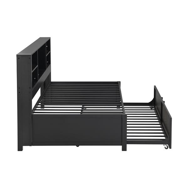 Metal Twin Size Daybed with Twin Size Trundle, Storage Shelves and USB Ports, Black