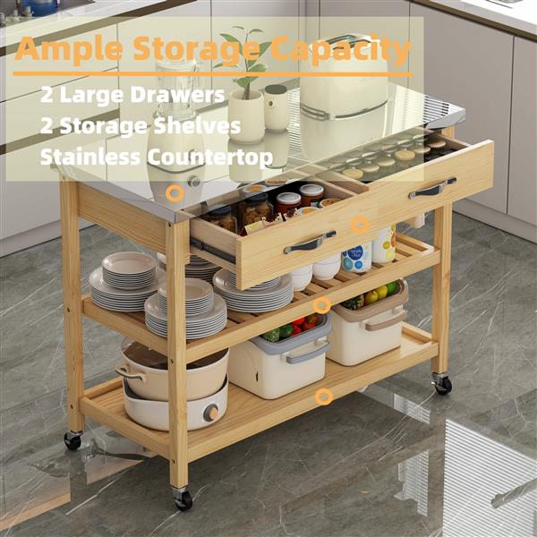 Stainless Steel Countertop Solid Wood Kitchen Cart with Storage Drawers and Shelves, Rotatable Kitchen Island with Steel Table Top and Tower Rack, Rolling Utility Trolley Cart for Kitchen and Dining