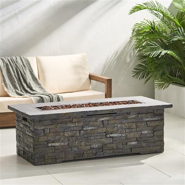 Outdoor Patio Concrete Fire table, Rectangle Gas Burning 56-Inch Fire Pit - 50, 000 BTU, Stone Pattern Fire Table, Grey