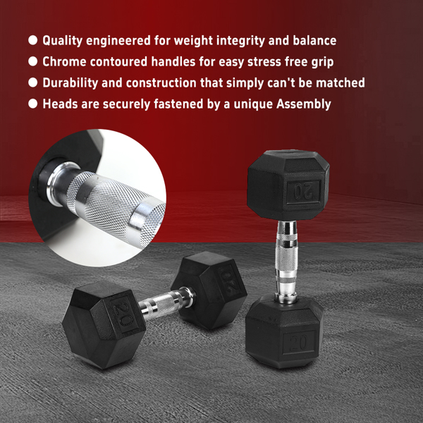 30LB (2piece)HDRS  Rubber Coated Solid Cast Iron Dumbbell with Contoured Chrome Handle, Hexagon Head