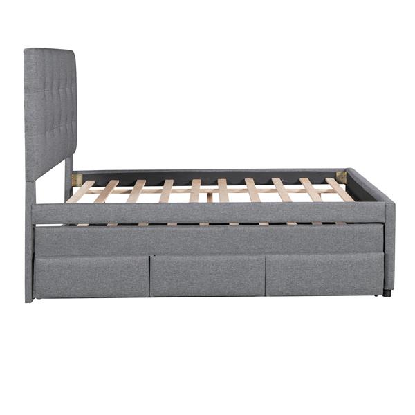 Full Size Upholstered Platform Bed with Pull-out Twin Size Trundle and 3 Drawers, Gray