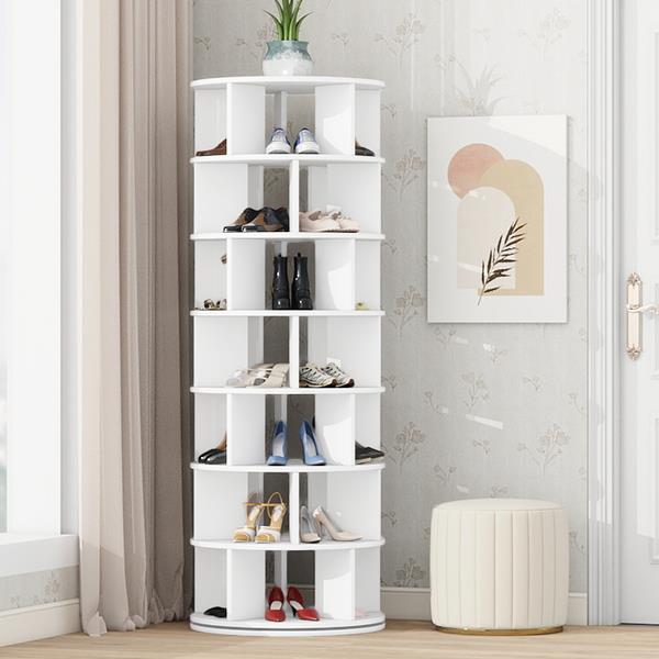 Φ23.6'' Rotating Shoe Rack Tower, 7-Tier Spinning Shoe Shelf with 5 Grids Per Layer, Display Rack, 360° Revolving Shoe Carousel Closet Organizer for Entryway, Living Room, White