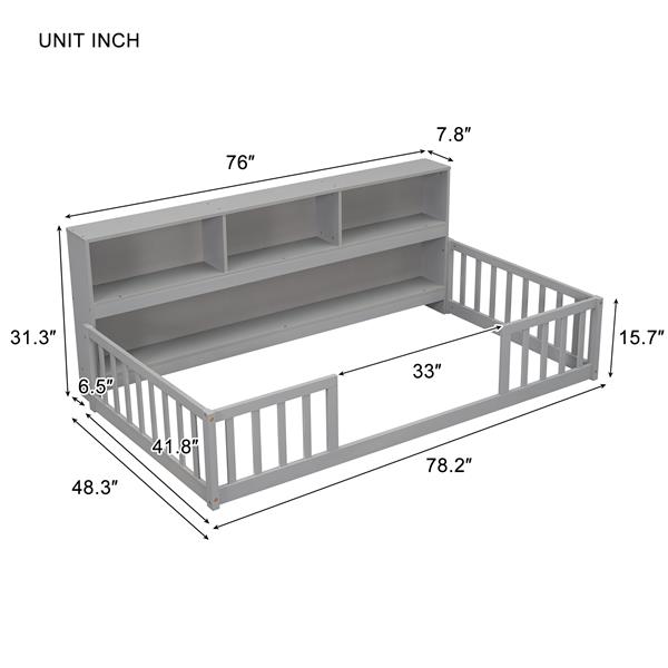 Twin Floor Bed with  Bedside Bookcase,Shelves,Guardrails,Grey