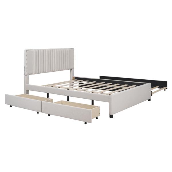 Queen Size Upholstered Platform Bed with 2 Drawers and 1 Twin XL Trundle, Classic Headboard Design, Beige