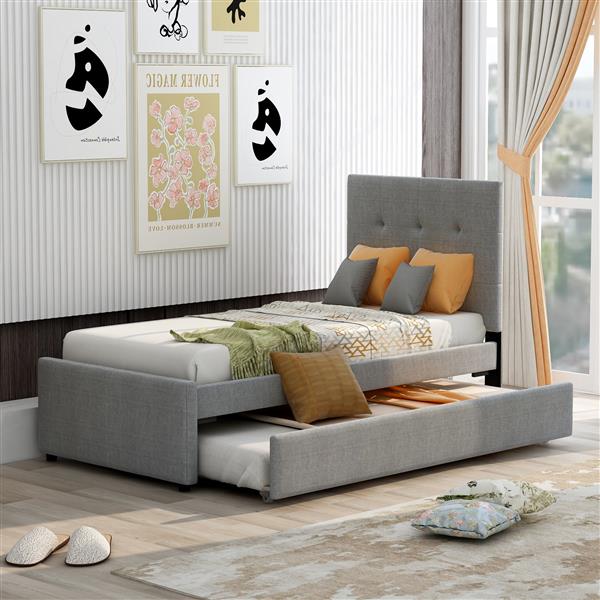 Linen Upholstered Platform Bed With Headboard and Trundle, Twin(Old