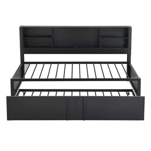 Metal Twin Size Daybed with Twin Size Trundle, Storage Shelves and USB Ports, Black