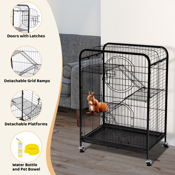 37" Metal Ferret Chinchilla Cage, Small Animals Hutch with Ramps and Feeders and Wheels, Rabbit Guinea Pig Rat Squirrel Kitten Playpen House, Black