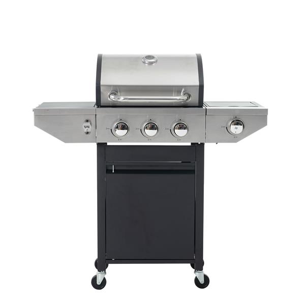 Propane Grill 3 Burner Barbecue Grill Stainless Steel Gas Grill with Side Burner and Thermometer for Outdoor BBQ, Camping