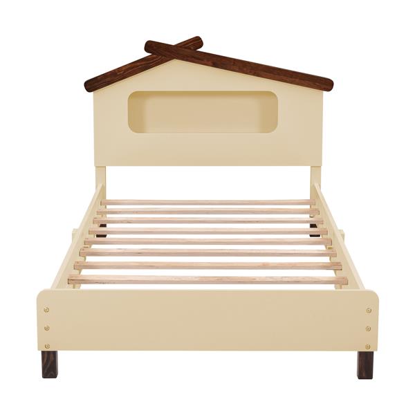 Twin Size Wood Platform Bed with House-shaped Headboard and Motion Activated Night Lights (Cream+Walnut)