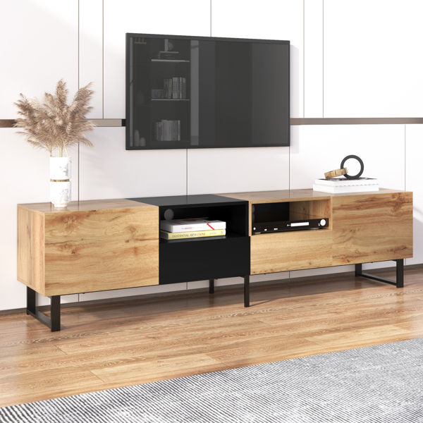 Modern TV Stand with 2 Cabinets& Open Storage Compartment, Color-matching Media Console Table for TVs up to 85'', Entertainment Center with Drop Down Door for Living Room, Bedroom, Home Theatre 