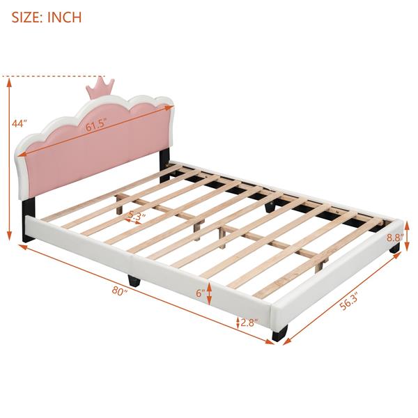 Full size Upholstered Princess Bed With Crown Headboard,Full Size Platform Bed with Headboard and Footboard, White+Pink