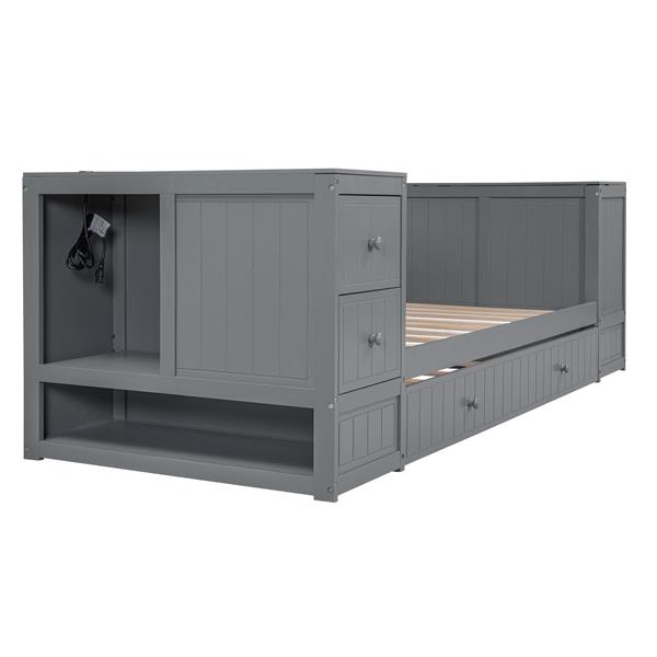 Twin Size Daybed with Storage Arms, Trundle and Charging Station, Gray