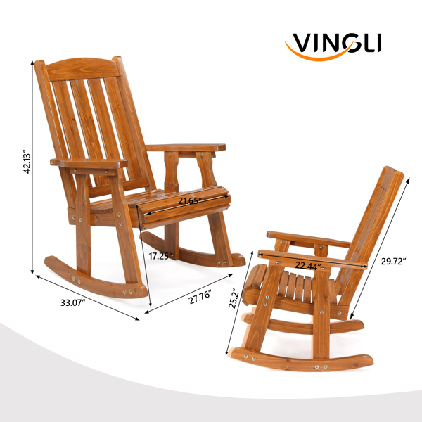 Teak color fir vertical stripe back wooden rocking chair