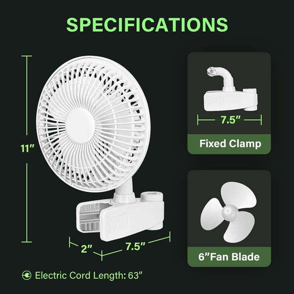 6-Inch Grow Tent Poles Clip Fan, Monkey Fan, Manually Adjustable 90° Angles, 15W, 2-Speeds Control, 63 inch Cord Length, White