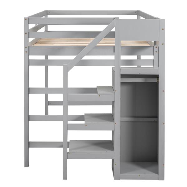 Full Size Loft Bed with Built-in Storage Wardrobe and Staircase, Gray