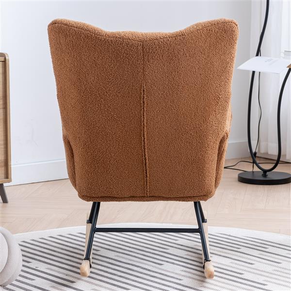 Rocking Chair with Pocket, Soft Teddy Fabric Rocking Chair for Nursery, Comfy Wingback Glider Rocker with Safe Solid Wood Base for Living Room Bedroom Balcony (brown)